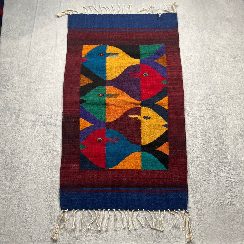 Vintage Handwoven Wool Fish Tapestry Rug Multicolor Zapotec Style 35x21.5